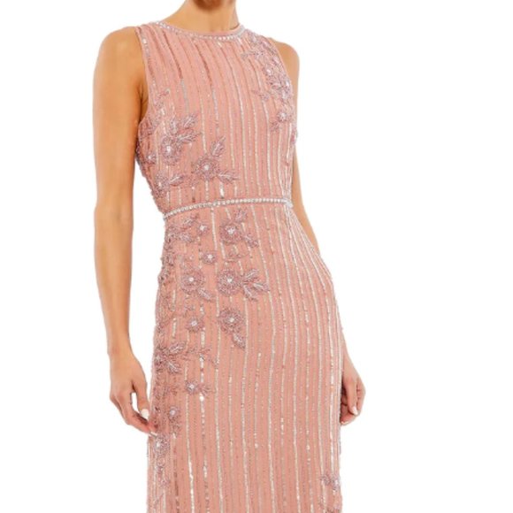 MAC DUGGAL 70260 STRIPED FLORAL EMBELLISHED SLEEVELESS ROSE MIDI DRESS sz 8
